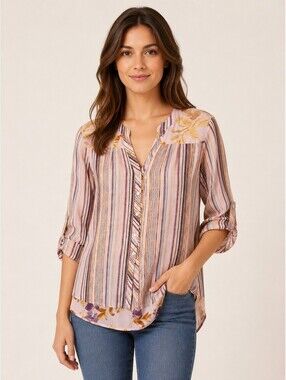 Figueroa & Flower Women's Mixed Stripe Floral Blouse Pink Boho Roll Tab Sleeve